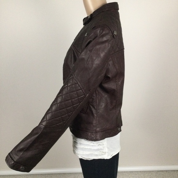 Large Women’s BLANC NOIR Brown Faux Leather Bomber Jacket with Texturized Deta… - Picture 6 of 15
